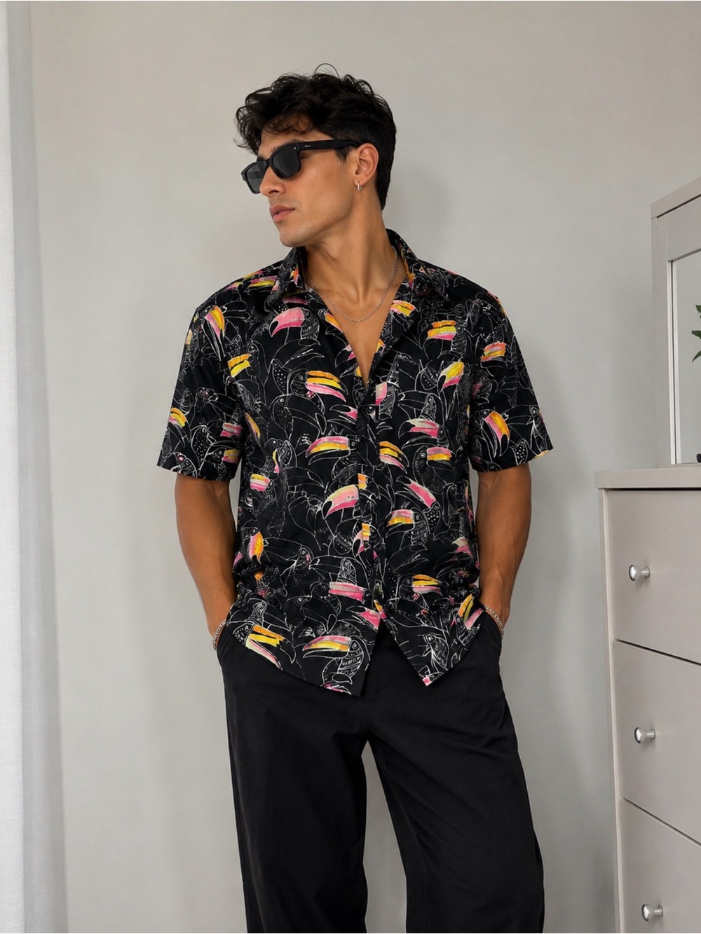 Hurley Black Short-Sleeve Button-Down with Pink & Yellow Tropical Print